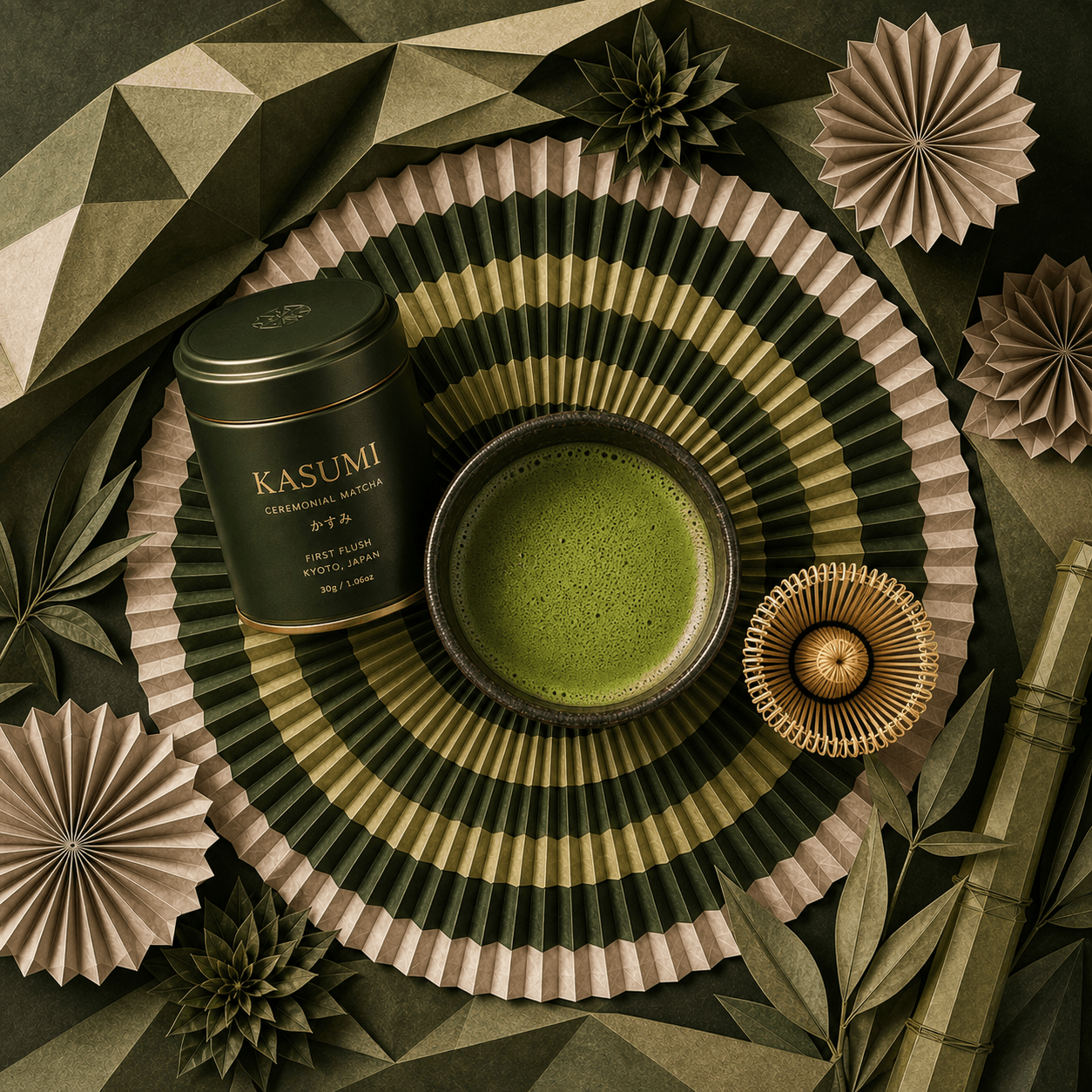 KASUMI ceremonial matcha inside a radial folded-paper ritual
