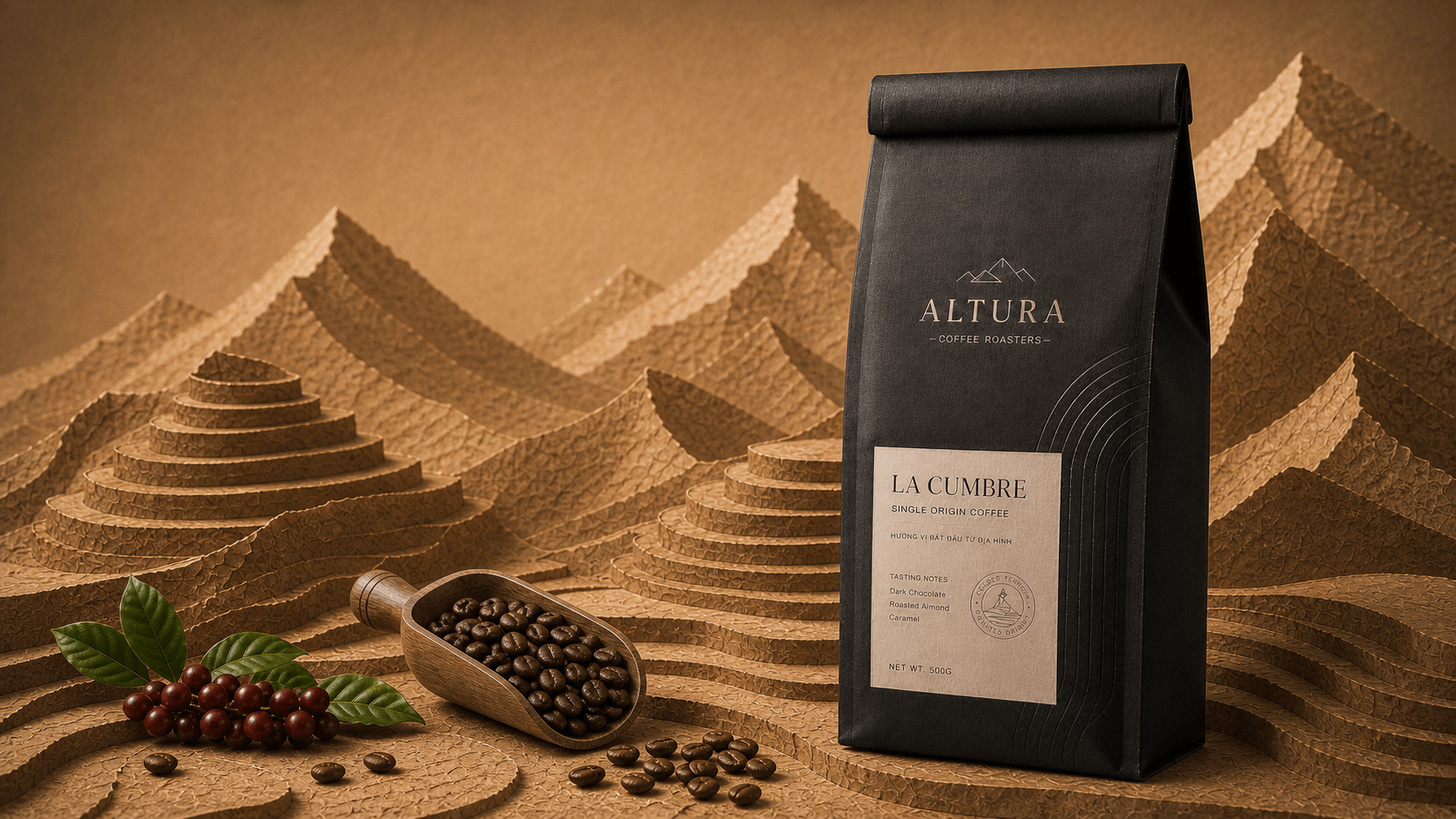ALTURA La Cumbre Single Origin Coffee inside a Folded Terroir paper landscape