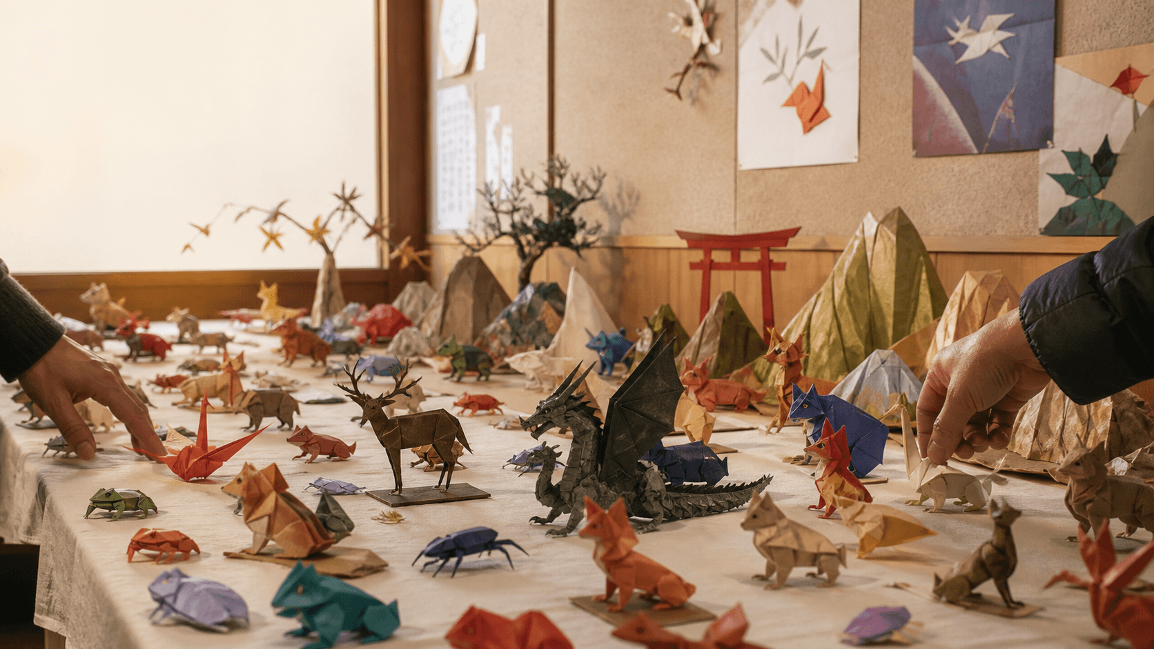 Một thế giới động vật origami được sắp đặt trên bàn
