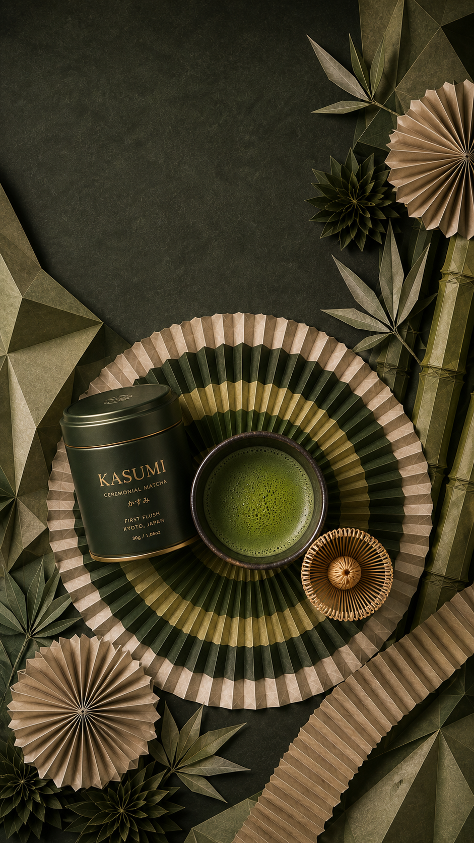 KASUMI Ceremonial Matcha surrounded by folded paper forms