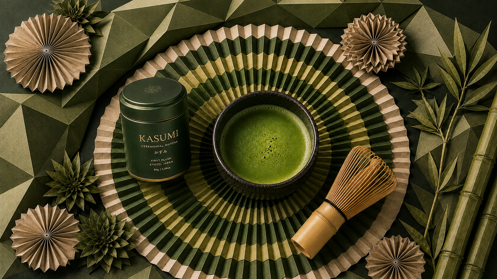 KASUMI Ceremonial Matcha inside a radial Folded Real paper ritual world