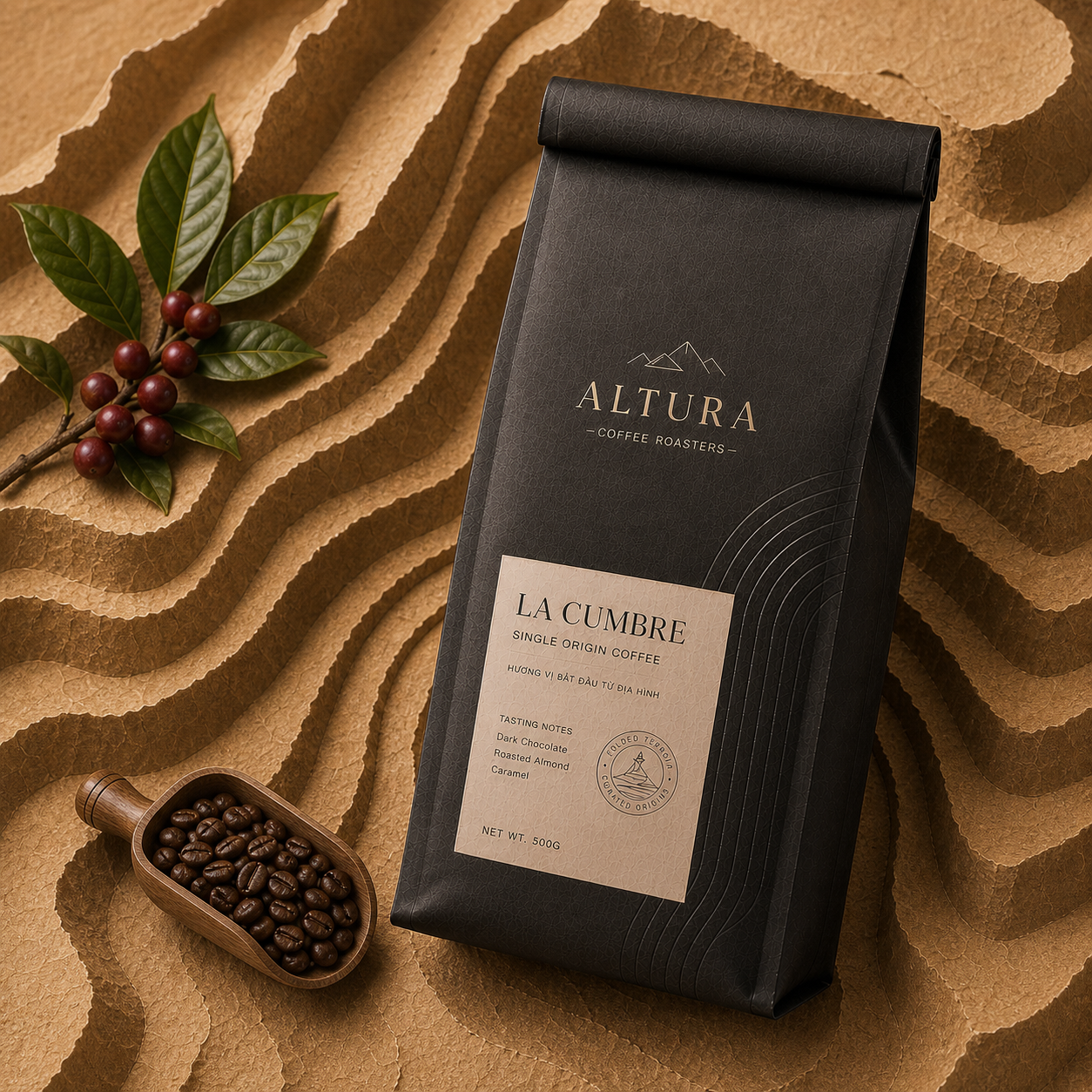 ALTURA square social showing contour terrain, coffee cherry and the real La Cumbre pack