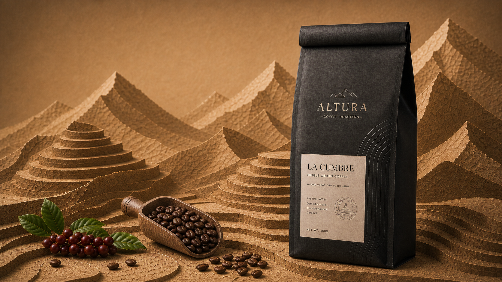 ALTURA La Cumbre Single Origin Coffee inside a Folded Terroir paper landscape