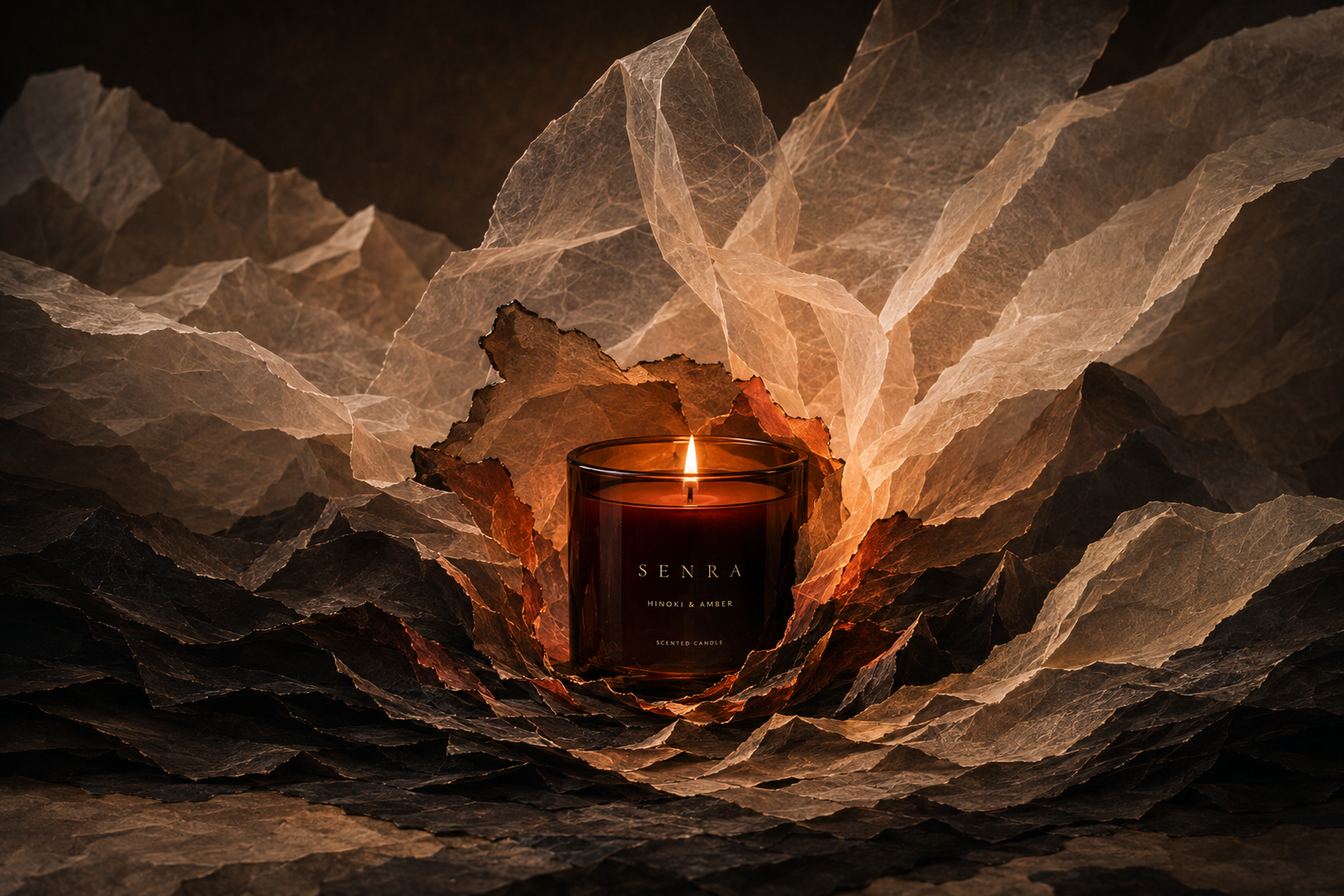 SENRA macro close-up: the singed dark core of Ember Veil opening into translucent diffusing layers
